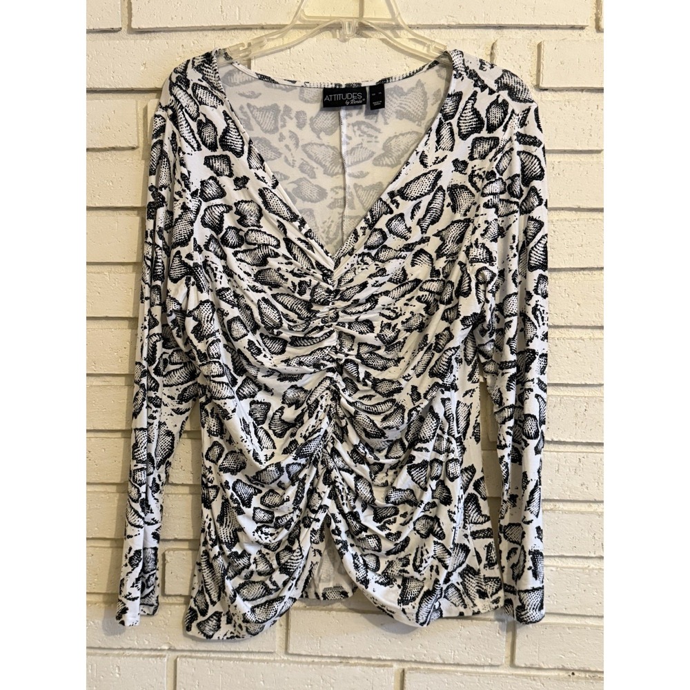 Attitudes by Renee Printed V-Neck Ruched‎ Front Top Black & White Python Sz XL